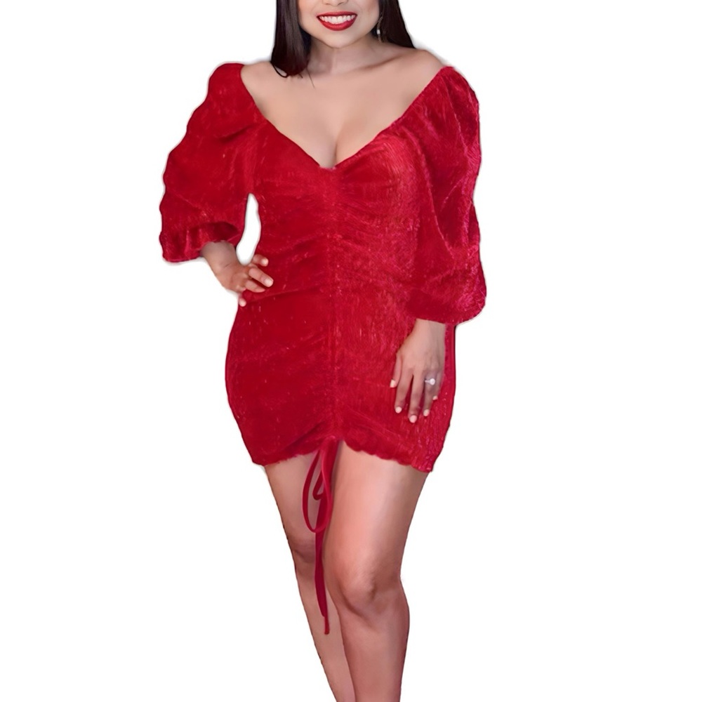 Luxxel NWT Puffy Sleeve Off The Shoulder Velvet Ruched Dress in Red Size Medium